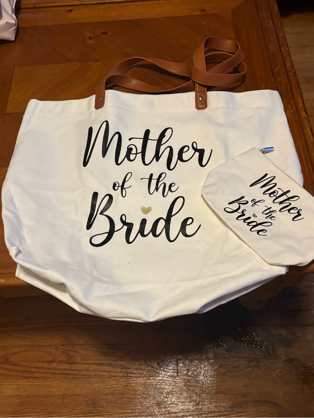 Mother of the Bride White Canvas Tote with Brown Straps